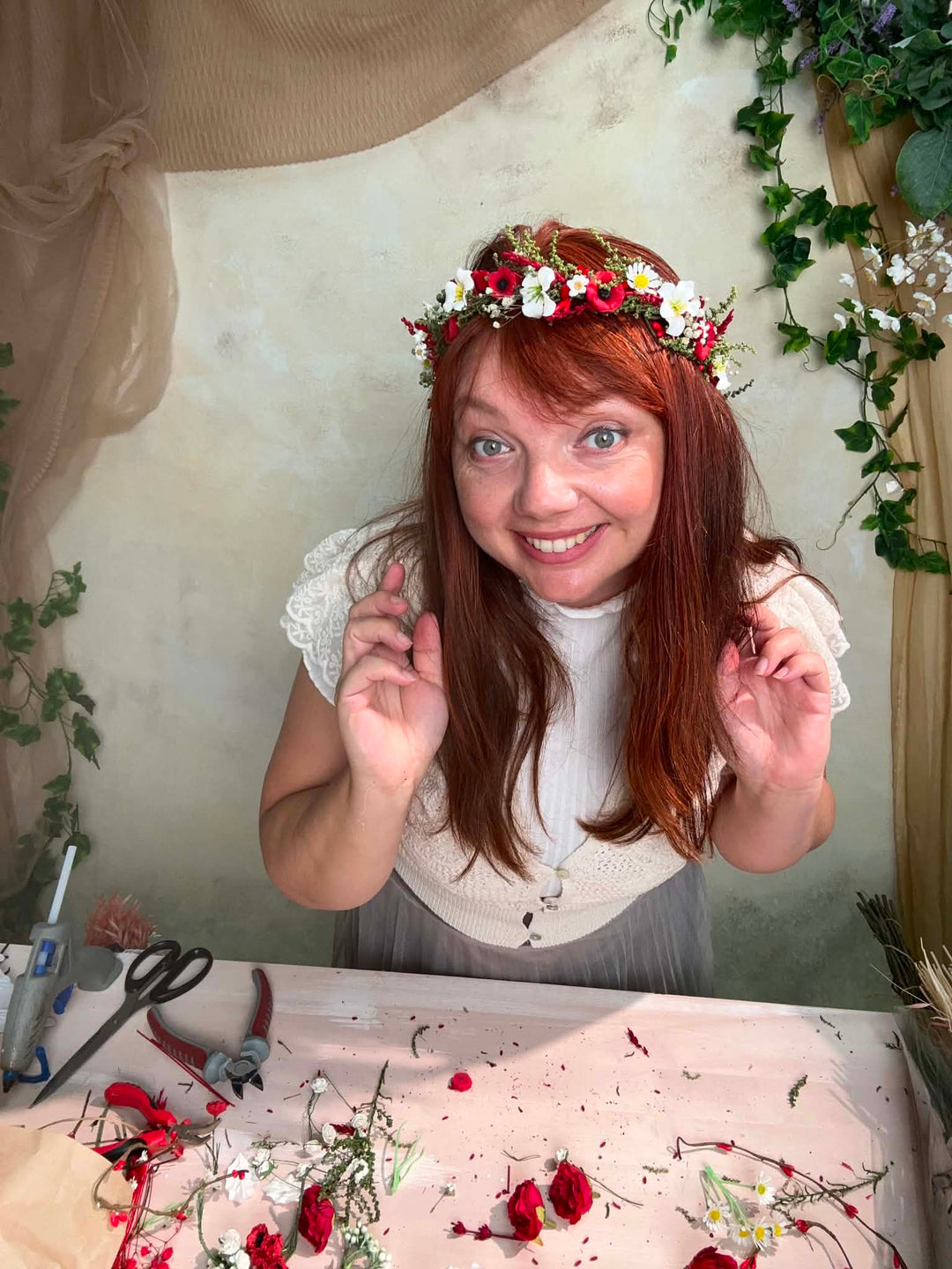 Folk Flower Bridal Half Wreath: Red Poppy and White Daisy Wedding Crown