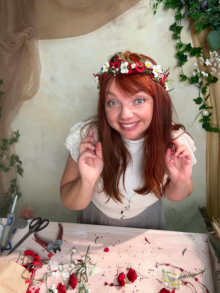 Folk Flower Bridal Half Wreath: Red Poppy and White Daisy Wedding Crown