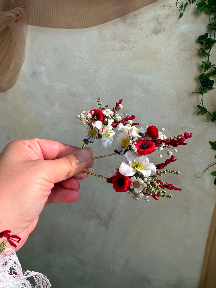 Folk Flower Bridal Hair Pins: Red Poppy and White Daisy Wedding Hairpins