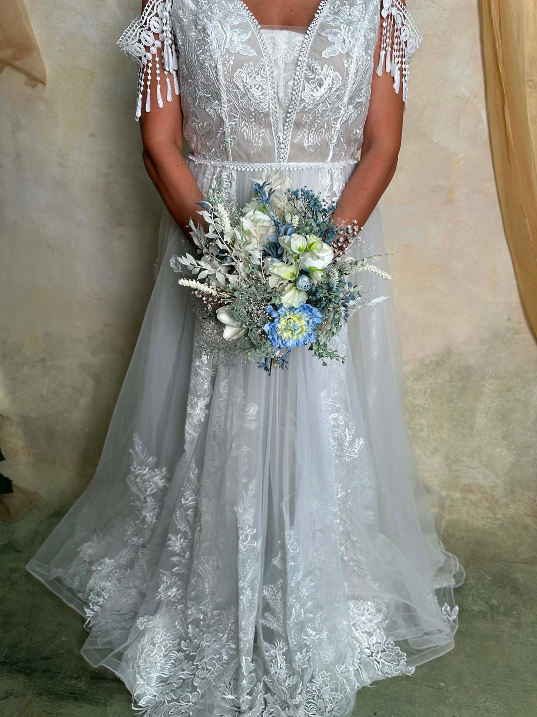 Blue and White Wedding Bouquet with Hydrangea, Ranunculus, Sweet Pea and Gypsophila