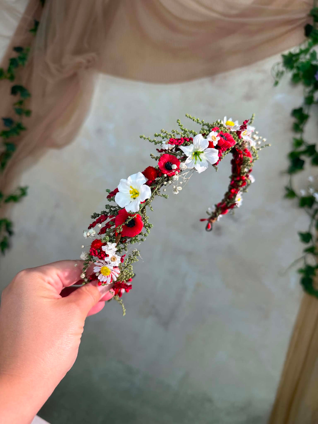 Folk Flower Bridal Half Wreath: Red Poppy and White Daisy Wedding Crown