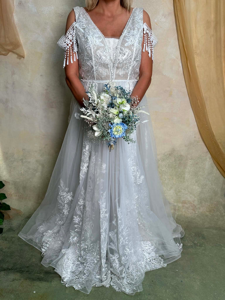 Blue and White Wedding Bouquet with Hydrangea, Ranunculus, Sweet Pea and Gypsophila