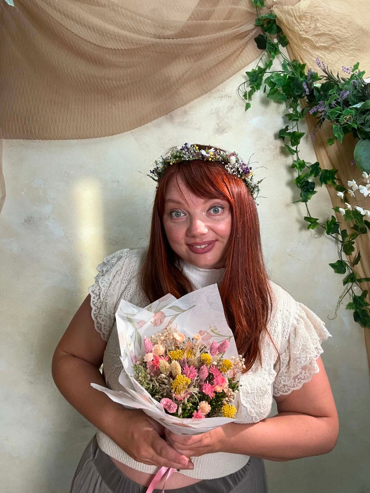 Mini Flower Bouquet: Pink and Yellow Teacher Gift with Dried Wildflowers – handmade floral hair accessory by magaela