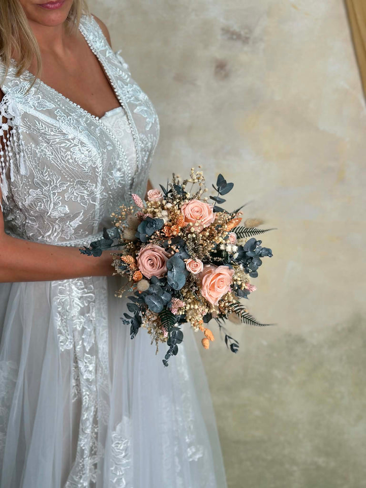 Boho Bridal Bouquet with Preserved Roses, Eucalyptus and Dried Flowers