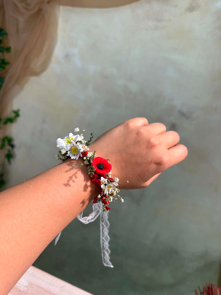 Folk Flower Bridal Bracelet: Red Poppy and White Daisy Wedding Jewelry