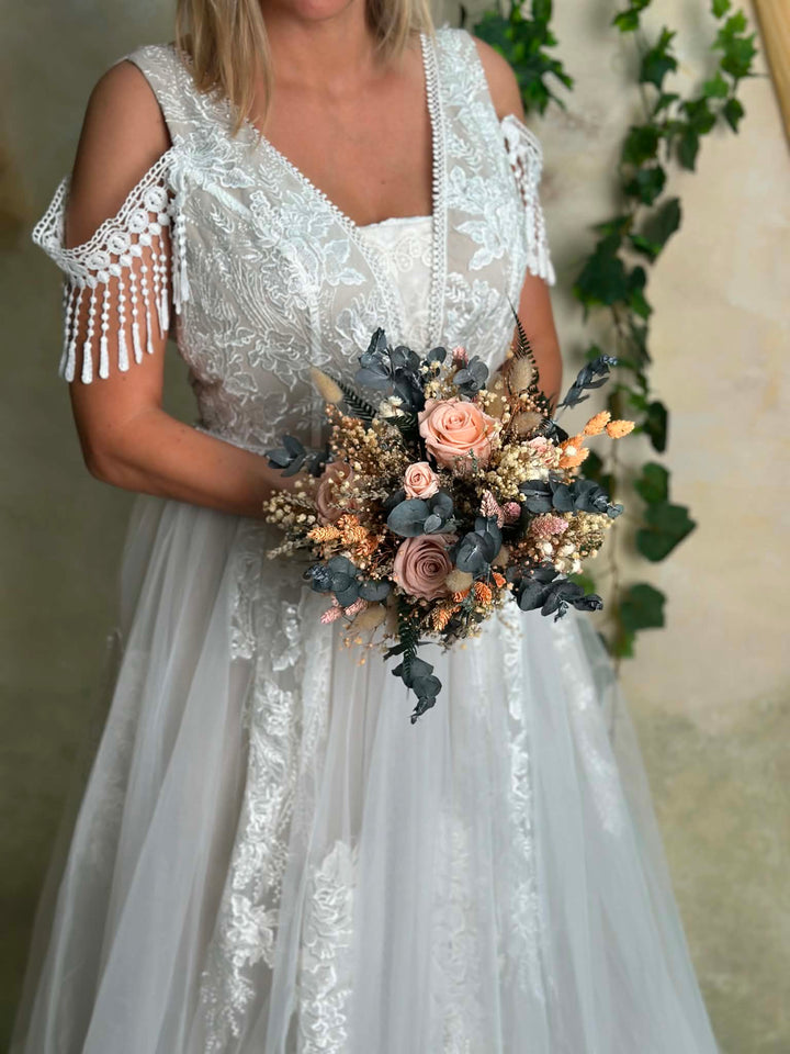 Boho Bridal Bouquet with Preserved Roses, Eucalyptus and Dried Flowers