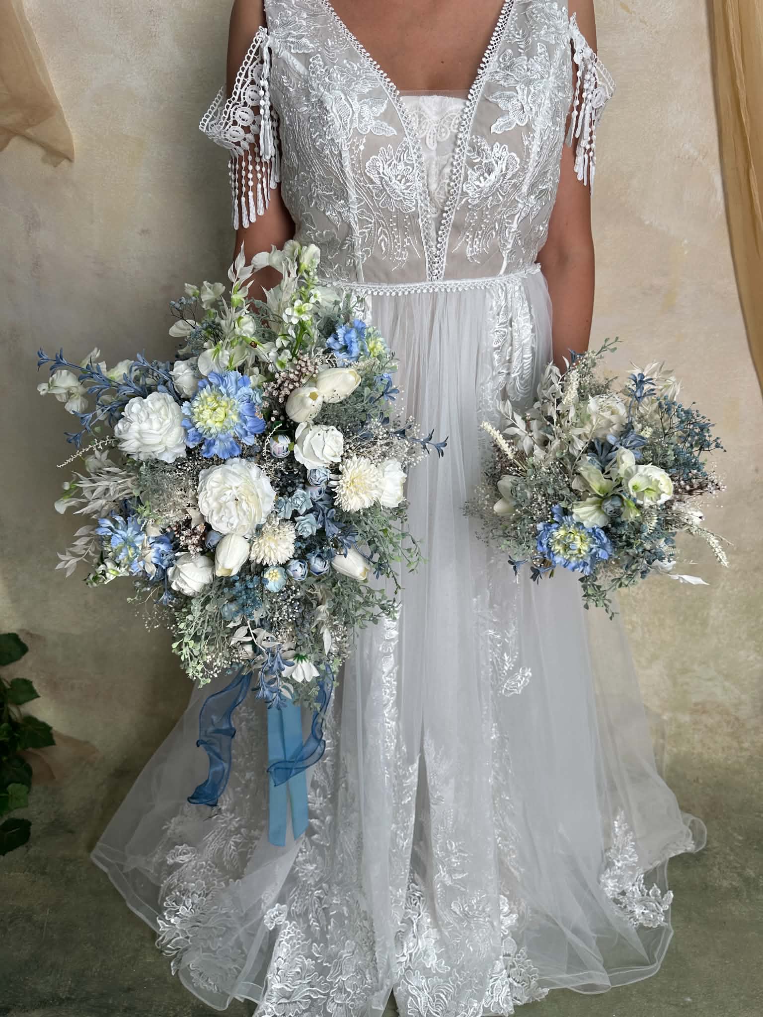 Blue and White Cascading Bridal Bouquet with Hydrangea, Ranunculus