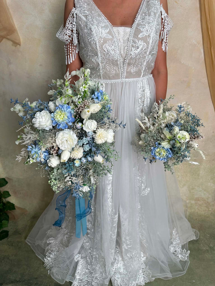 Blue and White Wedding Bouquet with Hydrangea, Ranunculus, Sweet Pea and Gypsophila