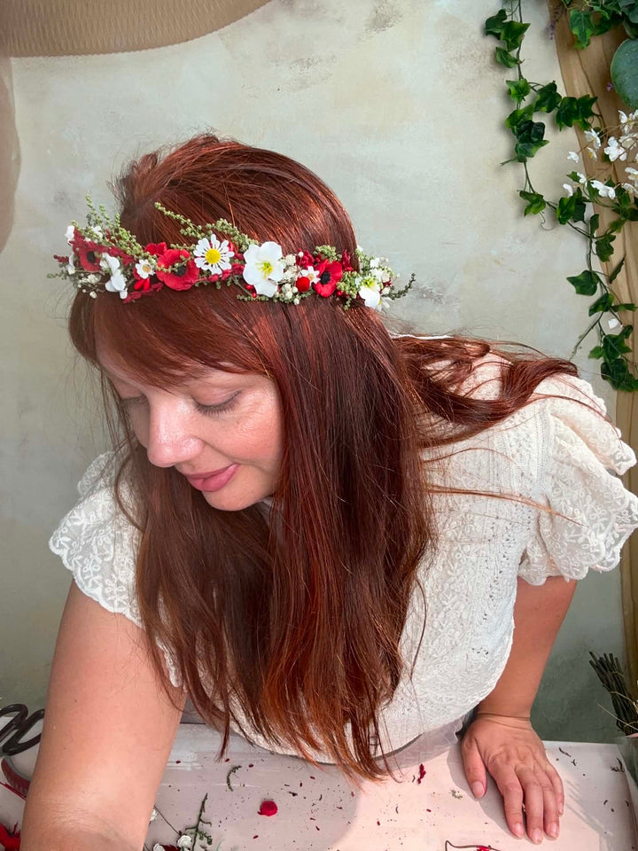 Folk Flower Bridal Half Wreath: Red Poppy and White Daisy Wedding Crown