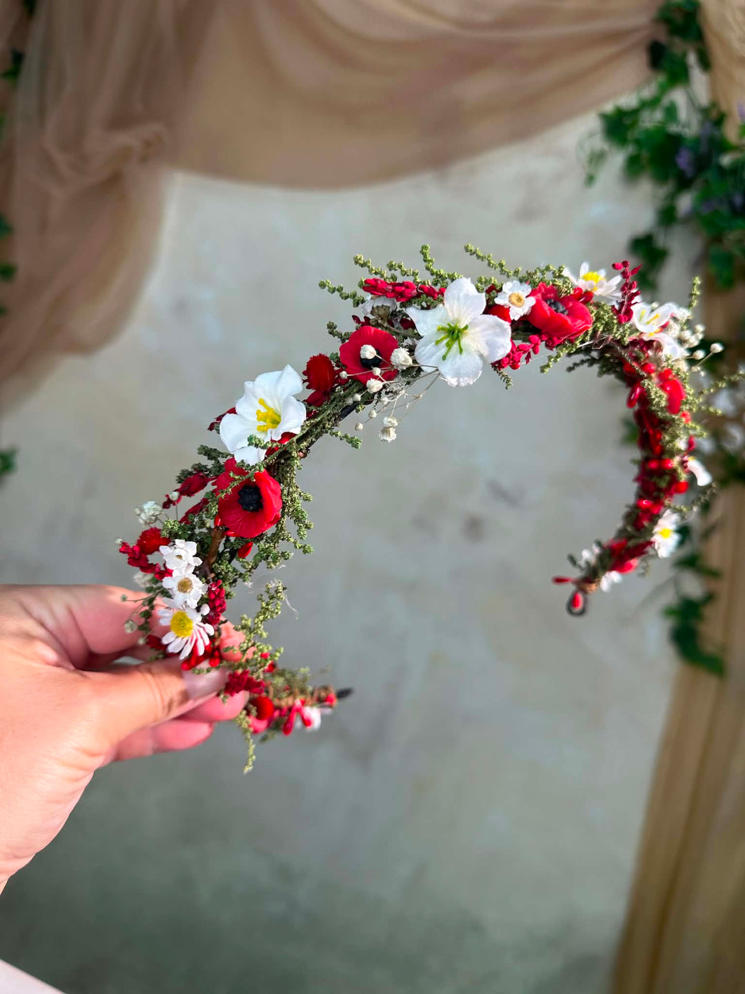 Folk Flower Bridal Half Wreath: Red Poppy and White Daisy Wedding Crown