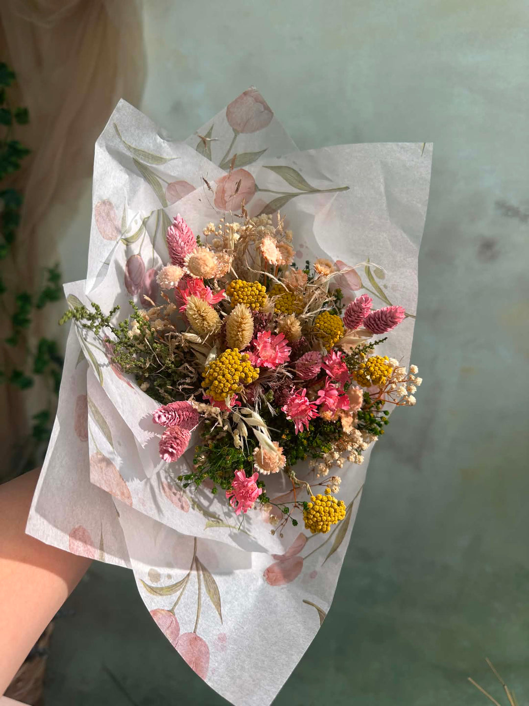 Mini Flower Bouquet: Pink and Yellow Teacher Gift with Dried Wildflowers – handmade floral hair accessory by magaela