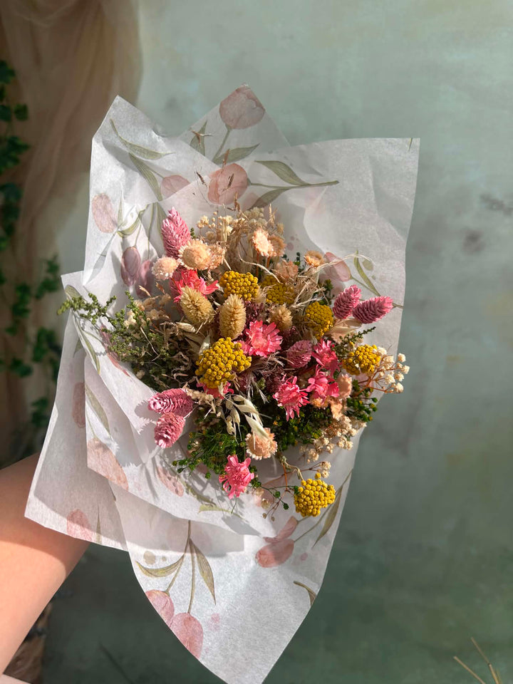 Mini Flower Bouquet: Pink and Yellow Teacher Gift with Dried Wildflowers – handmade floral hair accessory by magaela