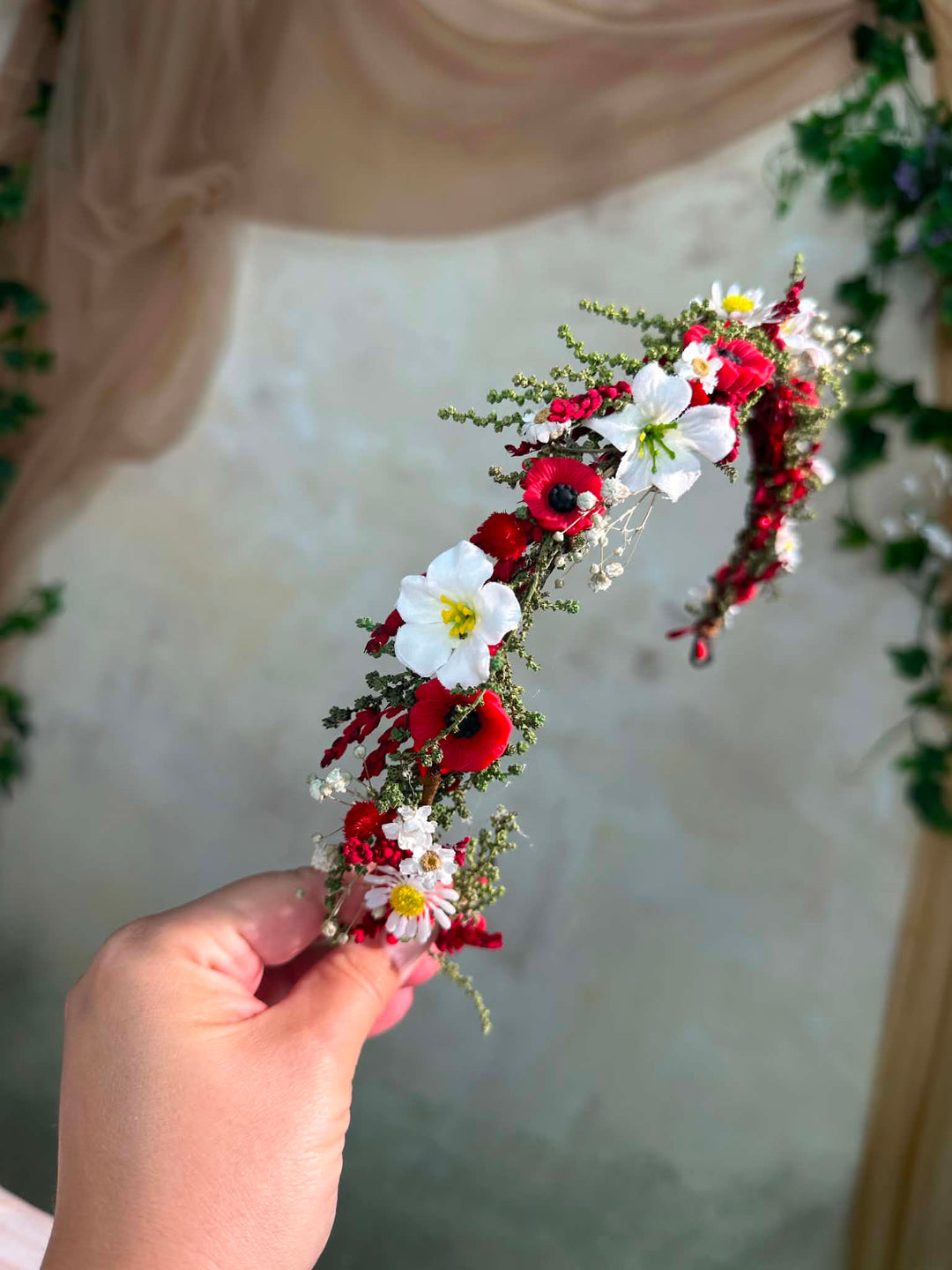 Folk Flower Bridal Half Wreath: Red Poppy and White Daisy Wedding Crown