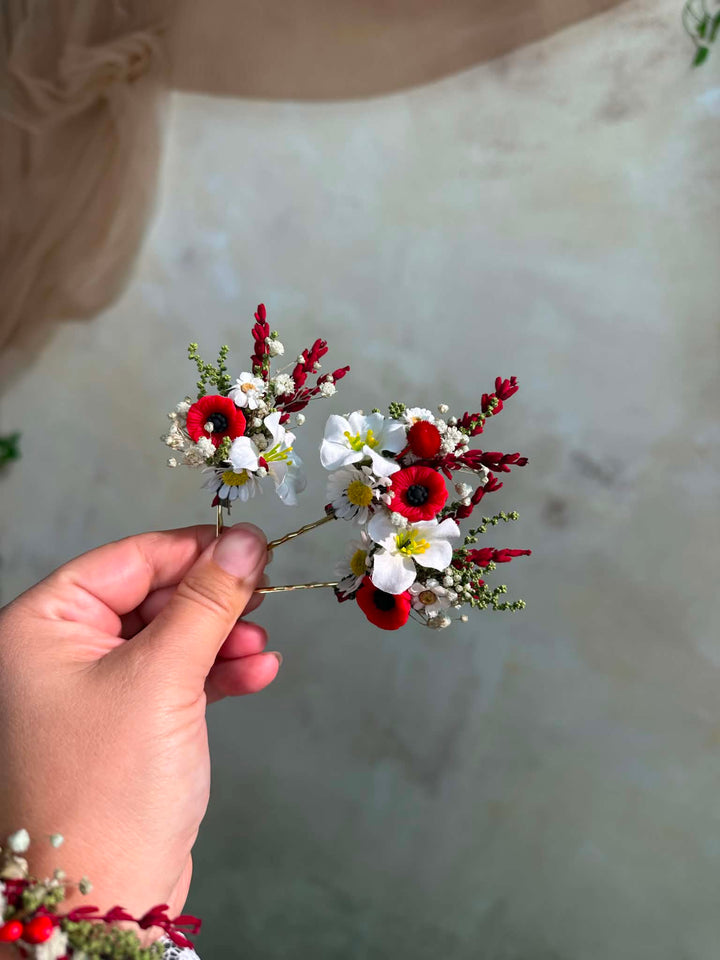 Folk Flower Bridal Hair Pins: Red Poppy and White Daisy Wedding Hairpins