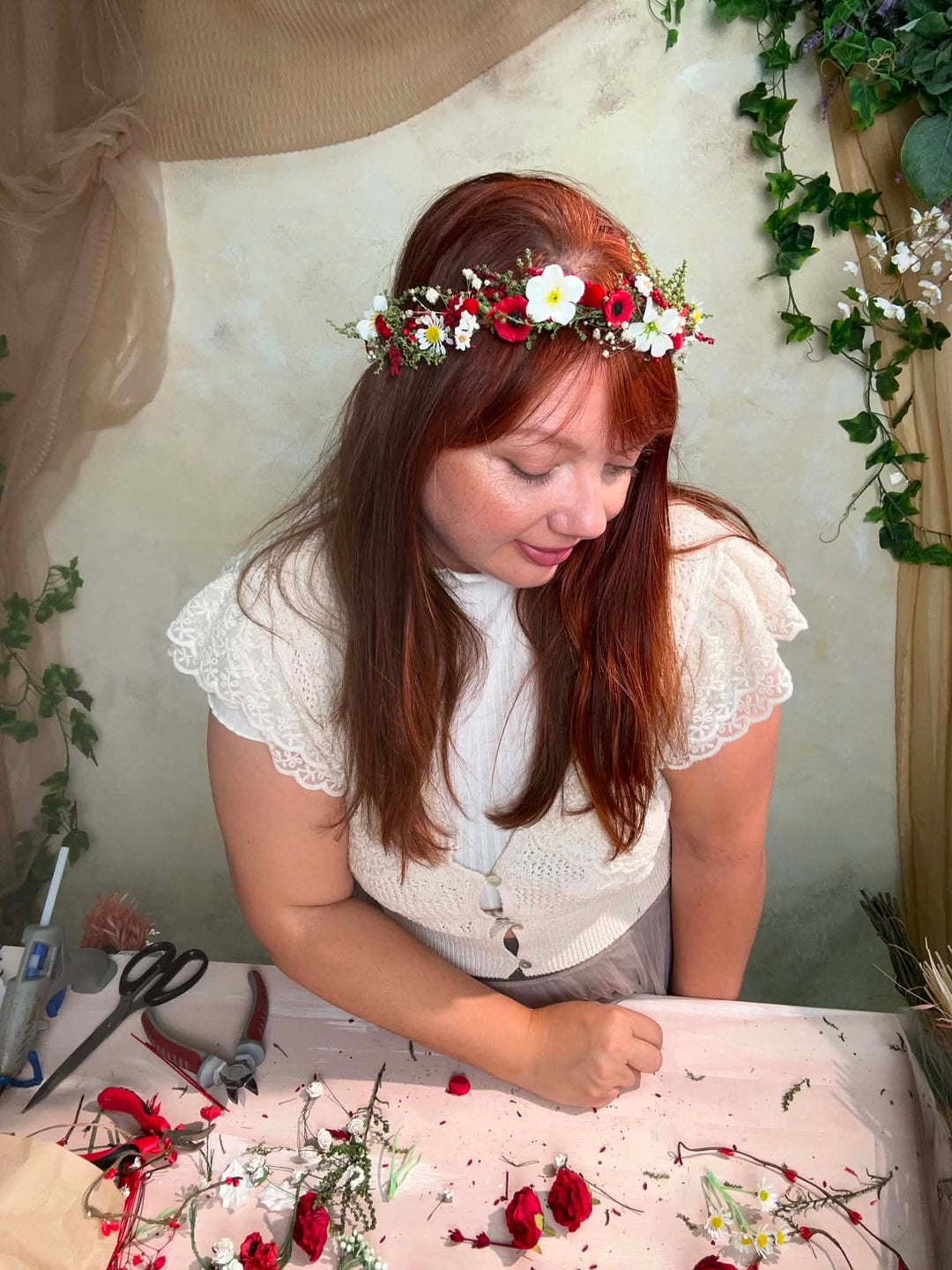 Folk Flower Bridal Half Wreath: Red Poppy and White Daisy Wedding Crown