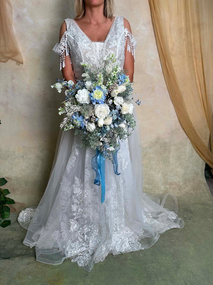 Blue and White Wedding Bouquet with Hydrangea, Ranunculus, Sweet Pea and Gypsophila
