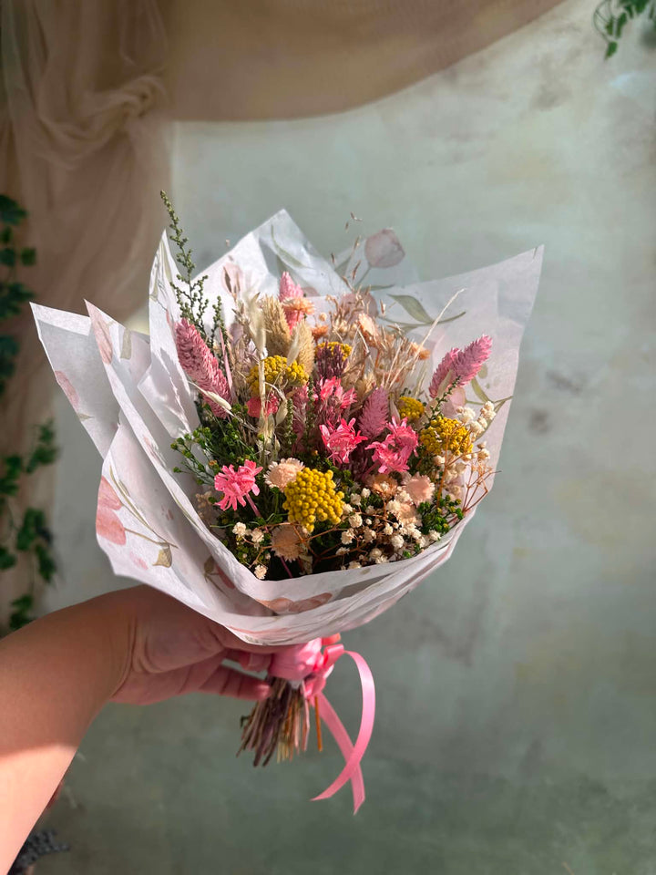 Mini Flower Bouquet: Pink and Yellow Teacher Gift with Dried Wildflowers – handmade floral hair accessory by magaela