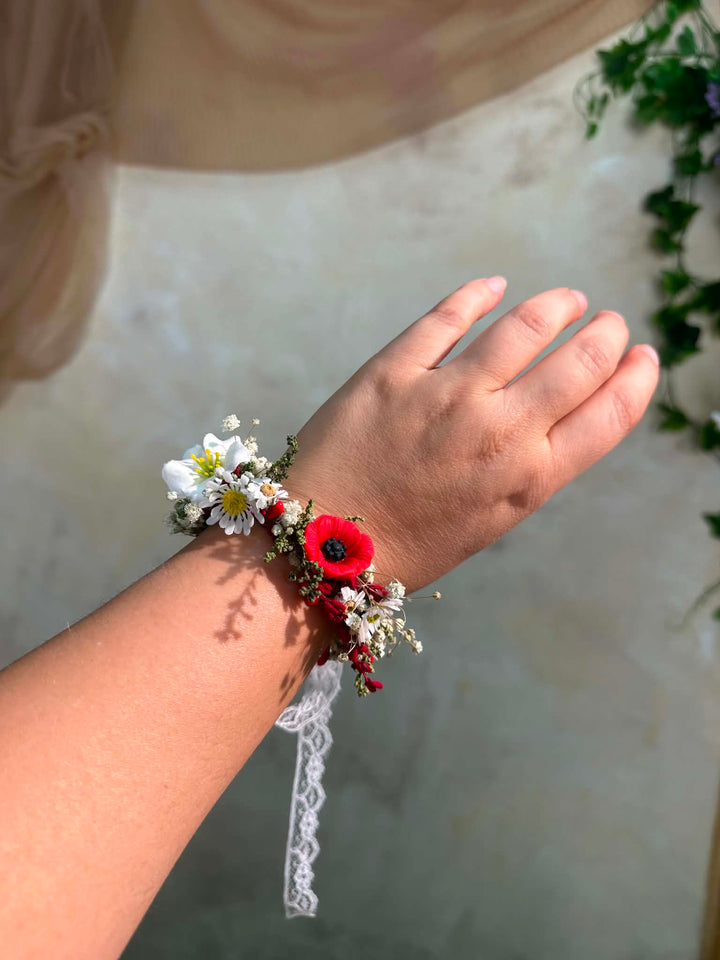 Folk Flower Bridal Bracelet: Red Poppy and White Daisy Wedding Jewelry