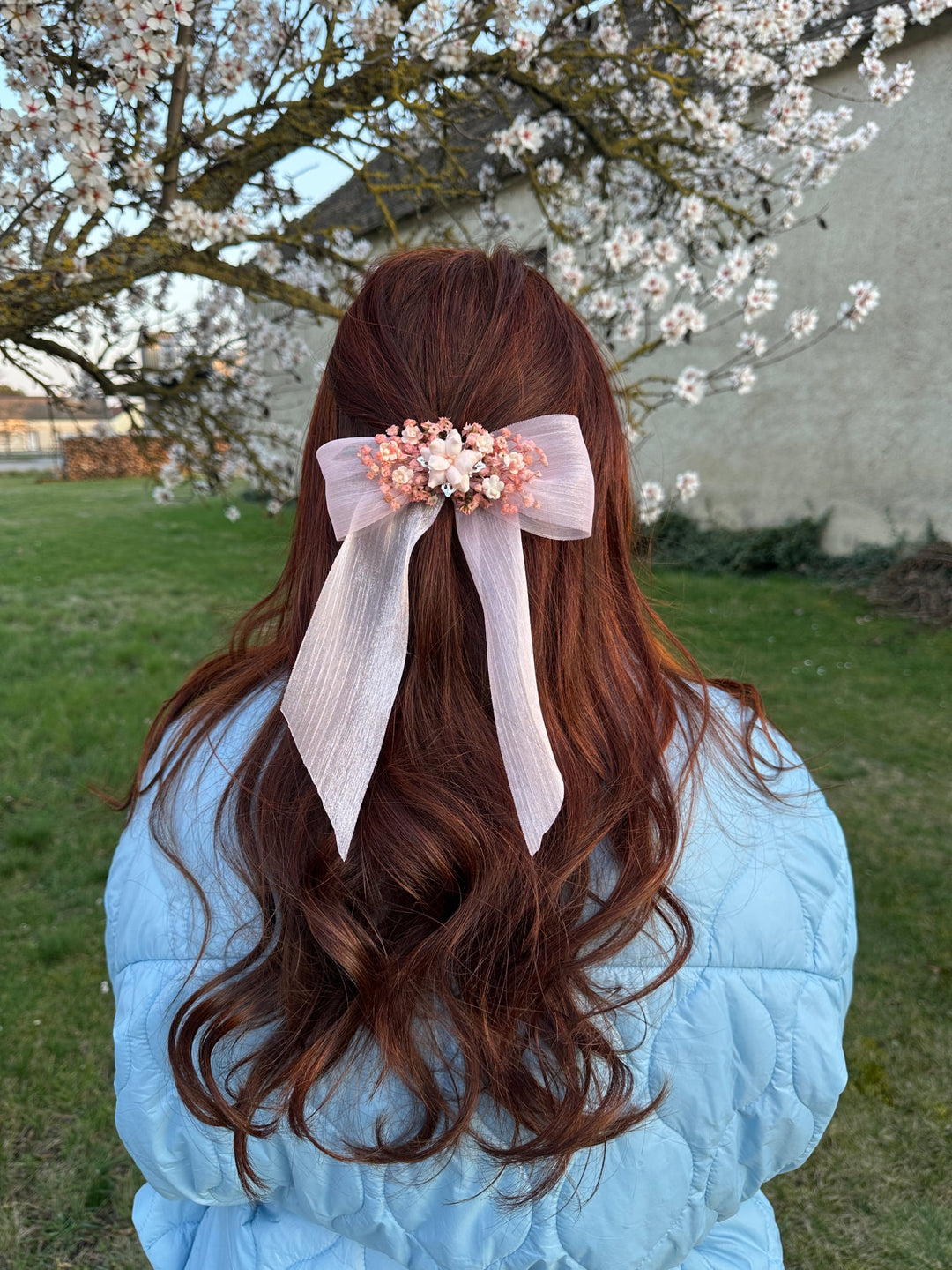 Pink Gypsophila Bow Hair Clip – Blush Floral Bridal Hair Accessory with Fabric Flowers – handmade floral hair accessory by magaela