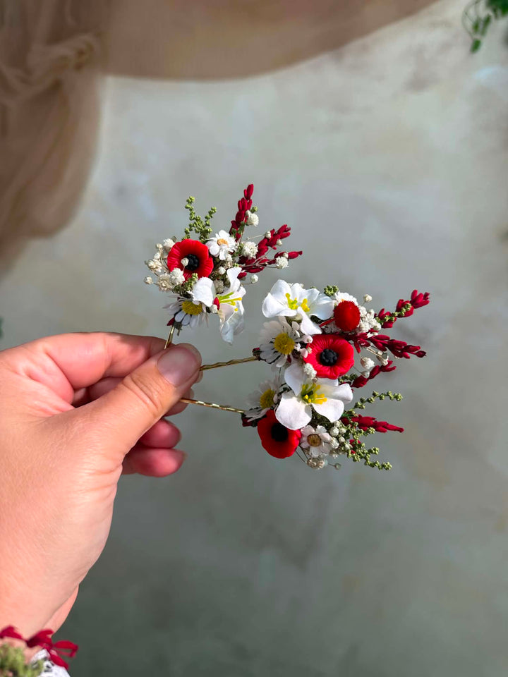 Folk Flower Bridal Hair Pins: Red Poppy and White Daisy Wedding Hairpins