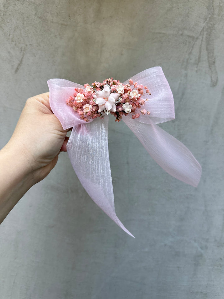 Pink Gypsophila Bow Hair Clip – Blush Floral Bridal Hair Accessory with Fabric Flowers – handmade floral hair accessory by magaela