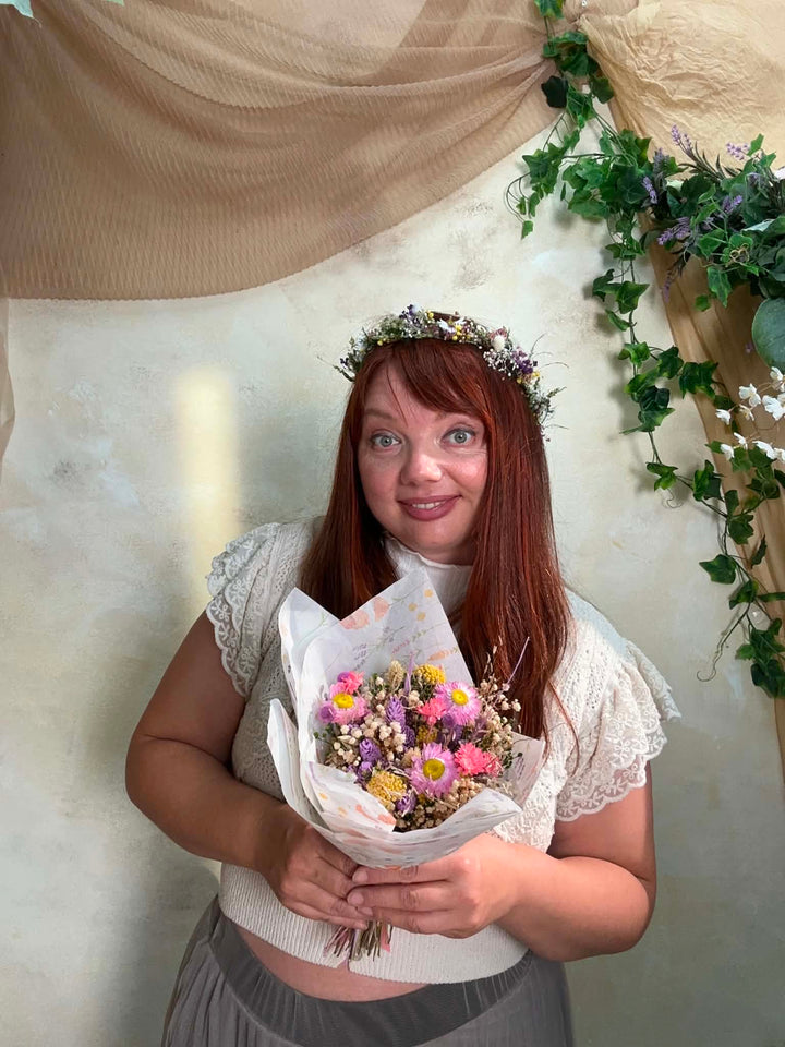 Mini Flower Bouquet: Pink and Purple Teacher Gift with Dried Wildflowers – handmade floral hair accessory by magaela