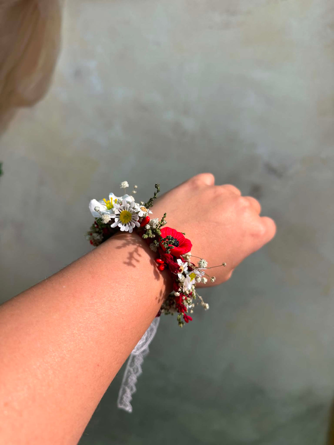 Folk Flower Bridal Bracelet: Red Poppy and White Daisy Wedding Jewelry