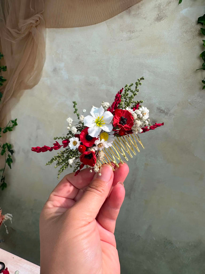 Folk Flower Bridal Hair Comb: Red Poppy and White Daisy Wedding Hairpiece