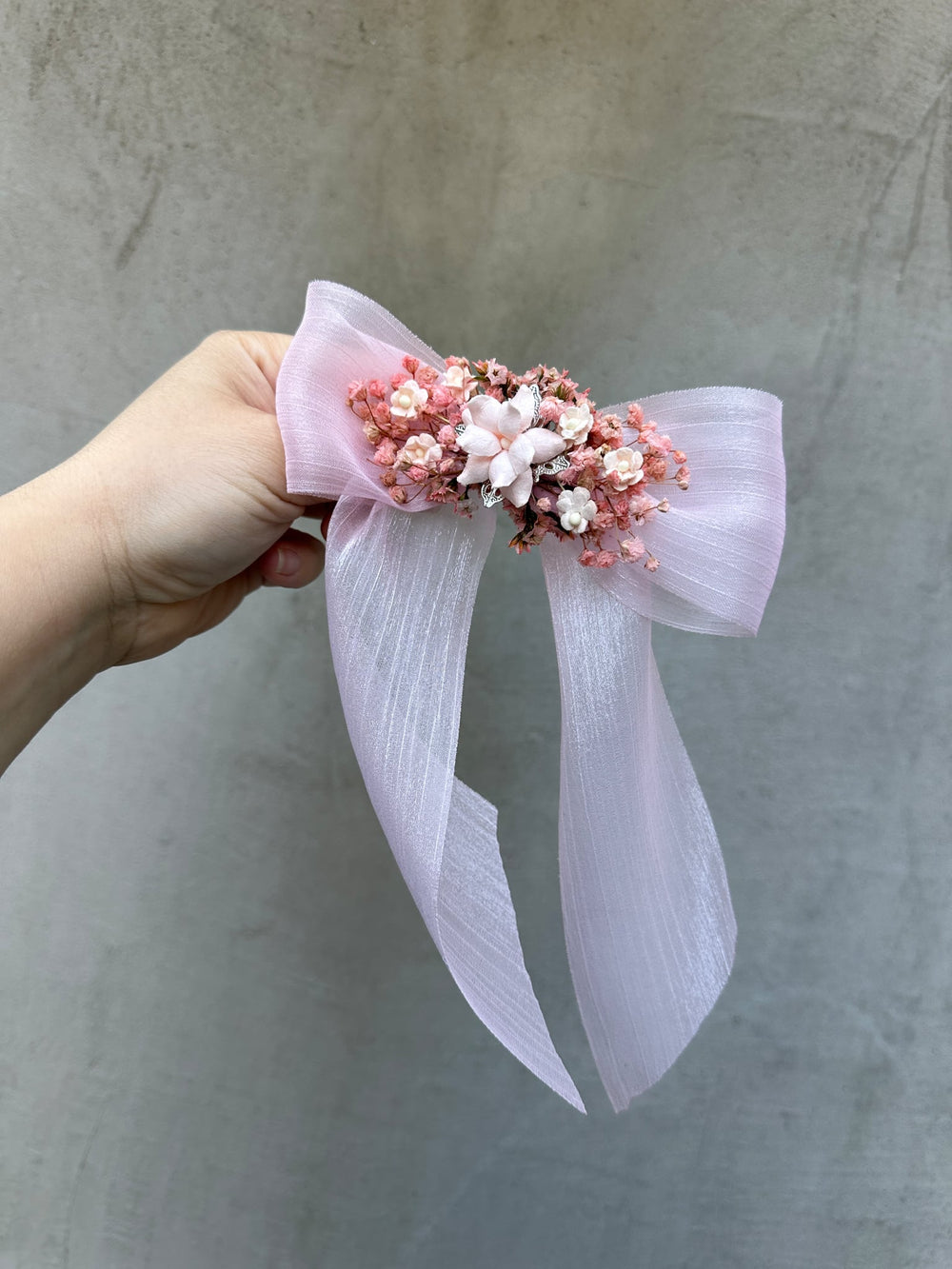 Pink Gypsophila Bow Hair Clip – Blush Floral Bridal Hair Accessory with Fabric Flowers – handmade floral hair accessory by magaela