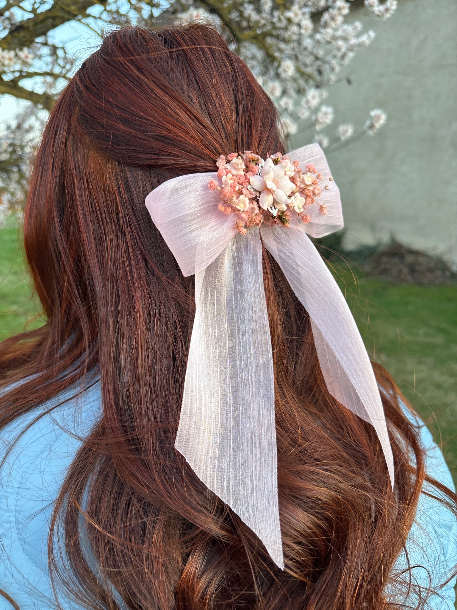 Pink Gypsophila Bow Hair Clip – Blush Bridal Hair Accessory | magaela