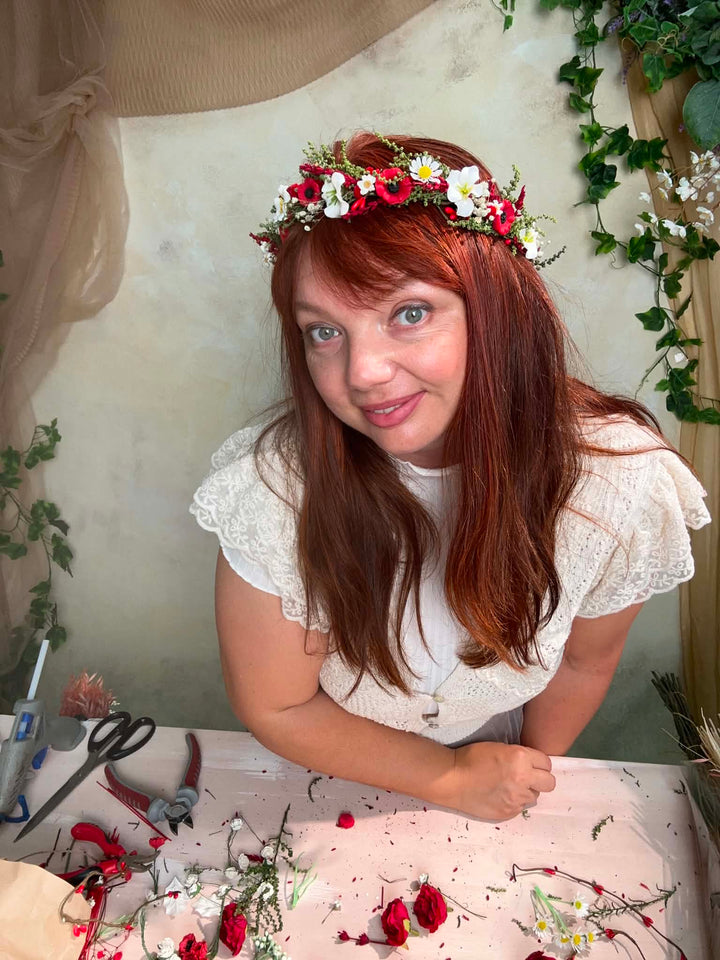 Folk Flower Bridal Half Wreath: Red Poppy and White Daisy Wedding Crown