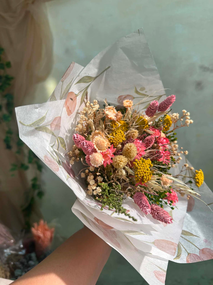Mini Flower Bouquet: Pink and Yellow Teacher Gift with Dried Wildflowers – handmade floral hair accessory by magaela