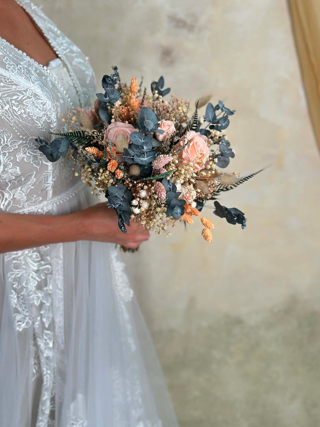 Boho Bridal Bouquet with Preserved Roses, Eucalyptus and Dried Flowers