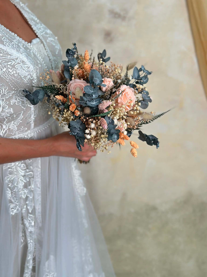 Boho Bridal Bouquet with Preserved Roses, Eucalyptus and Dried Flowers