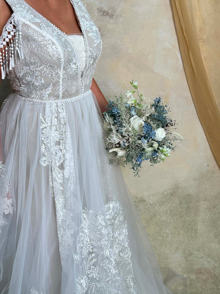 Blue and White Wedding Bouquet with Hydrangea, Ranunculus, Sweet Pea and Gypsophila