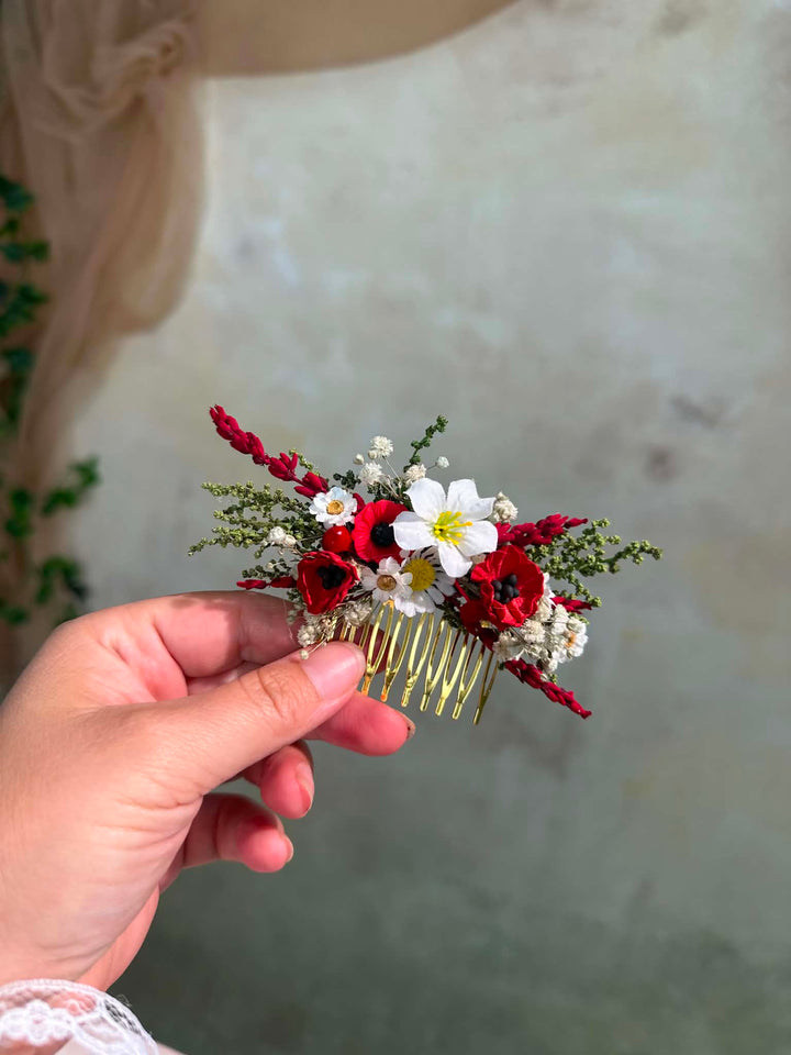 Folk Flower Bridal Hair Comb: Red Poppy and White Daisy Wedding Hairpiece