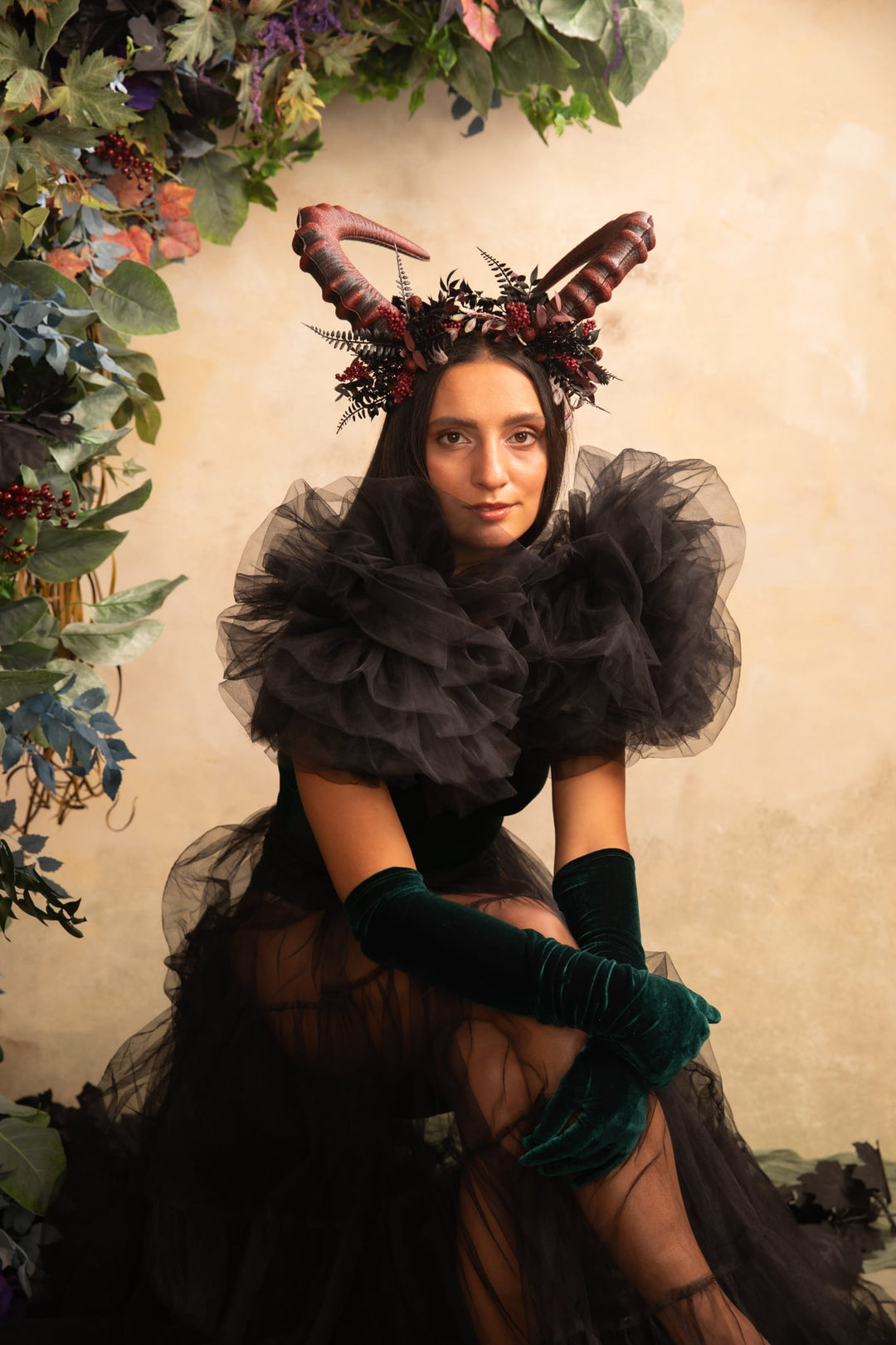 Burgundy and black crown with big horns: Halloween headpiece – handmade floral hair accessory by magaela