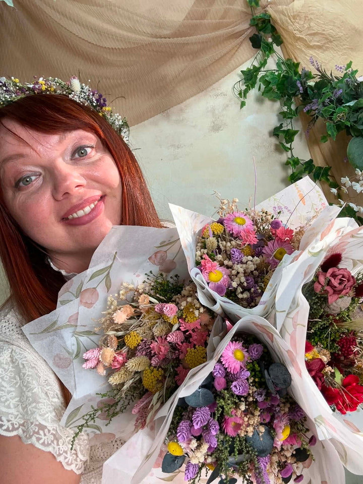 Mini Flower Bouquet: Pink and Yellow Teacher Gift with Dried Wildflowers – handmade floral hair accessory by magaela