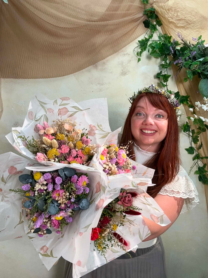 Mini Flower Bouquet: Pink and Purple Teacher Gift with Dried Wildflowers – handmade floral hair accessory by magaela