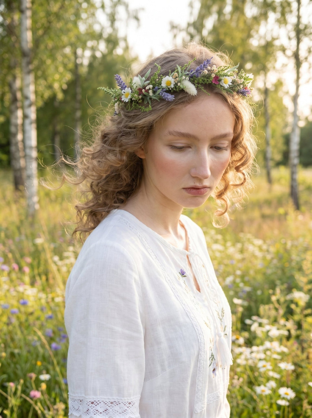 Midsommar Daisy Crown: Lavender Summer Solstice Bridal Headpiece – handmade floral hair accessory by magaela