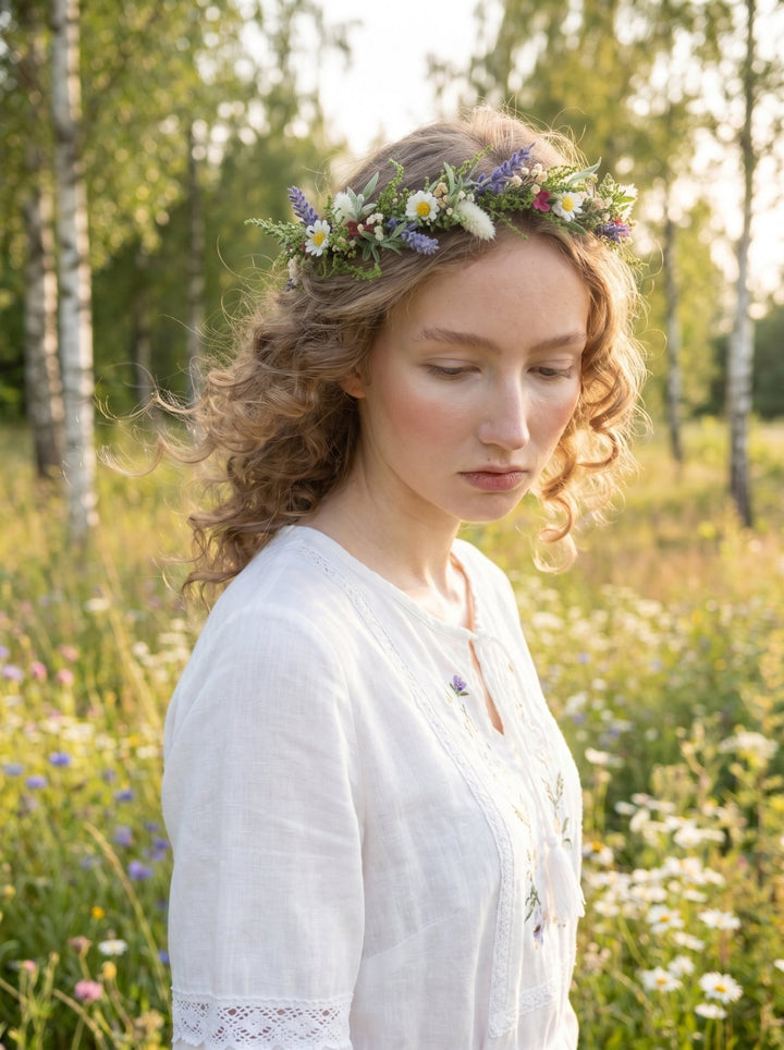 Midsommar Daisy Crown: Lavender Summer Solstice Bridal Headpiece – handmade floral hair accessory by magaela