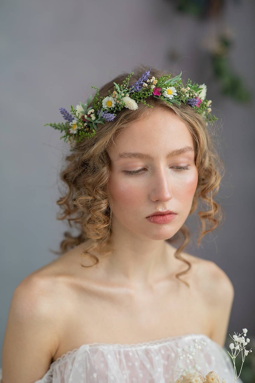Lavender Daisy Flower Crown: Bridal Meadow Headpiece – handmade floral hair accessory by magaela
