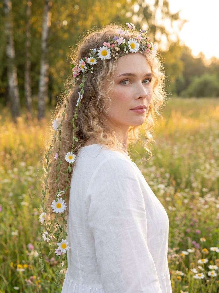 Midsommar Daisy Crown with Flower Veil: Summer Solstice Bridal Headpiece – handmade floral hair accessory by magaela