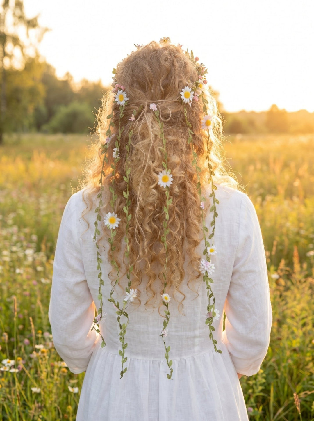 Midsommar Daisy Crown with Flower Veil: Summer Solstice Bridal Headpiece – handmade floral hair accessory by magaela