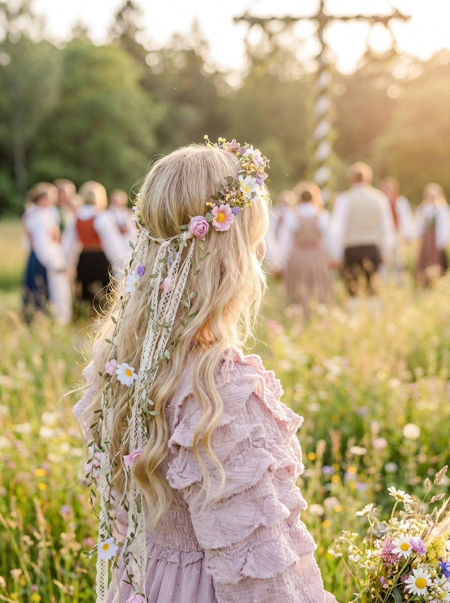 Midsommar Crown with Ribbon Veil: Pastel Summer Solstice Bridal Headpi – magaela
