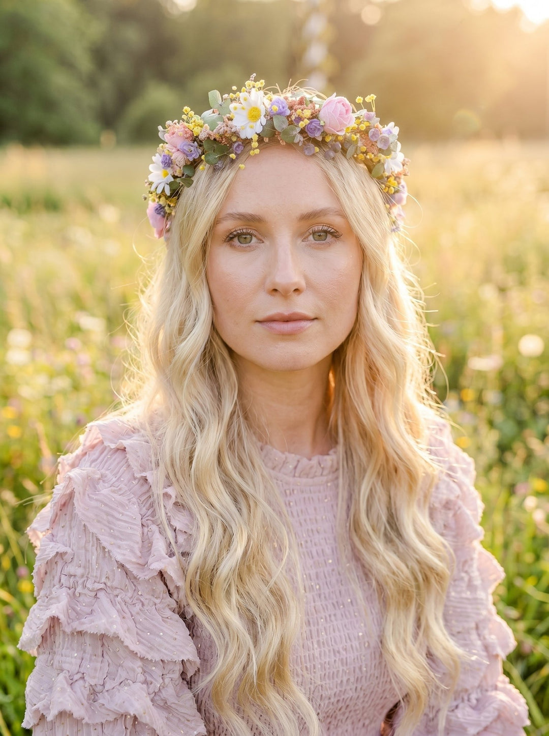 Midsommar Crown with Ribbon Veil: Pastel Summer Solstice Bridal Headpiece – handmade floral hair accessory by magaela