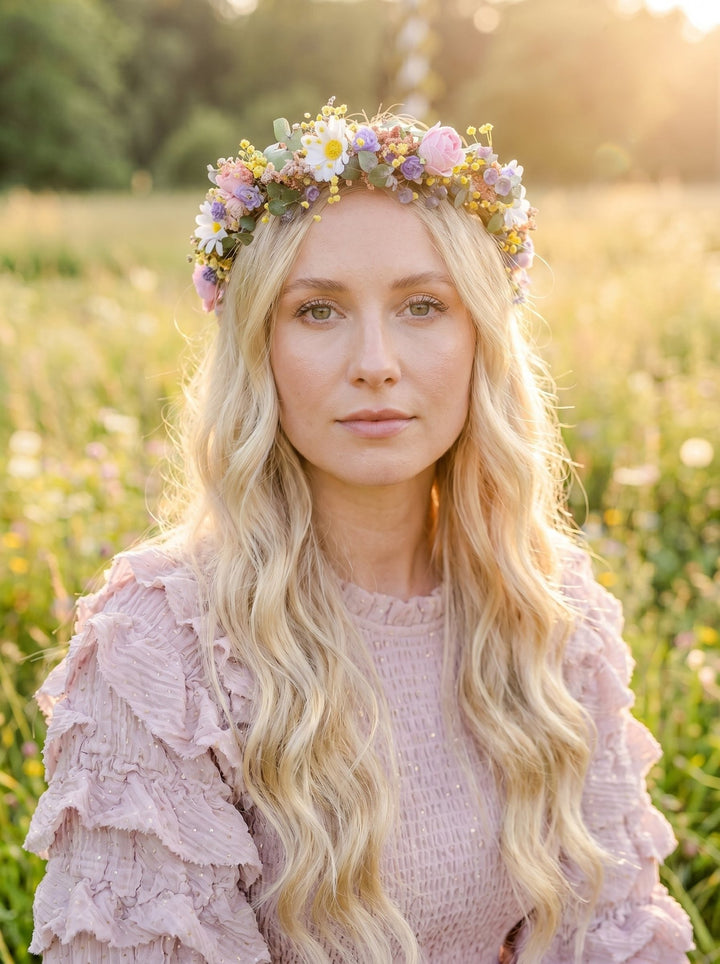 Midsommar Crown with Ribbon Veil: Pastel Summer Solstice Bridal Headpiece – handmade floral hair accessory by magaela