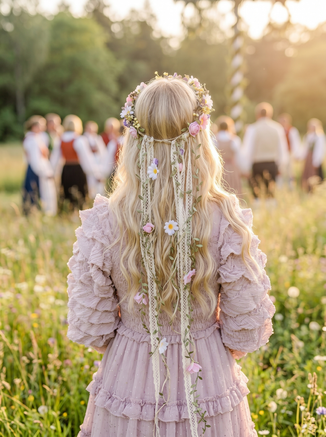 Midsommar Crown with Ribbon Veil: Pastel Summer Solstice Bridal Headpiece – handmade floral hair accessory by magaela