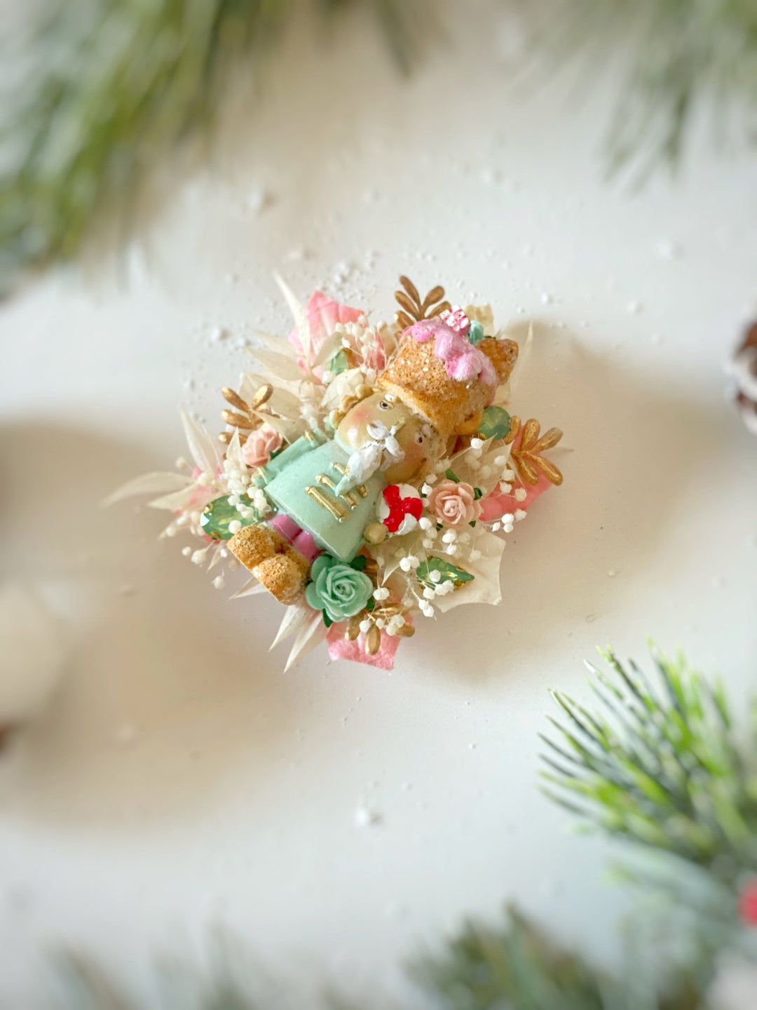 Pastel Nutcracker Christmas Brooch | Mint and Pink Roses and Golden Leaves – handmade floral hair accessory by magaela