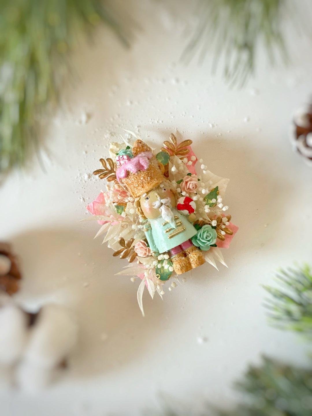 Pastel Nutcracker Christmas Brooch | Mint and Pink Roses and Golden Leaves – handmade floral hair accessory by magaela